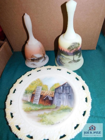 2 Hand Painted Bells & Decorative Plate