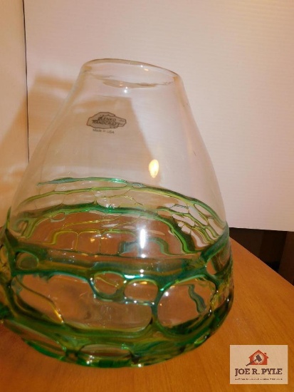 Blenko Clear Vase w/ Teal & Green Swirl