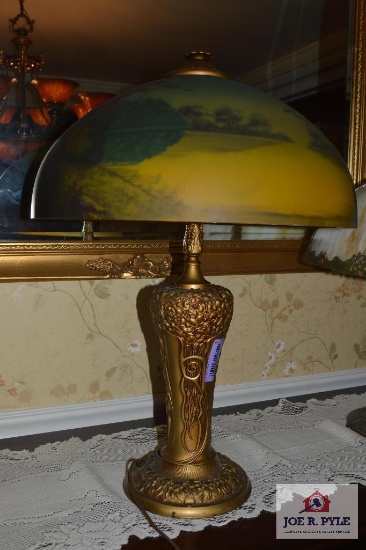 Art Nouveau Style Table Lamp With Reverse Painted Shade