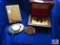 LOT OF MISC ITEMS: GOLD FOIL BEN FRANKLIN PLAYING CARDS, BELT BUCKLE W/1922 PEACE DOLLAR, MONEY CLIP