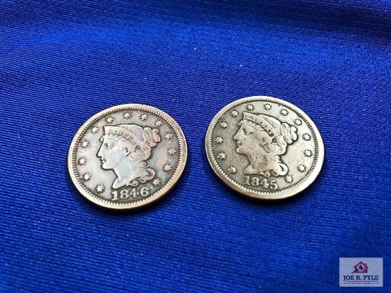 TWO US ONE CENT COINS 1845, 1846