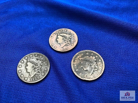 THREE US ONE CENT COINS: 1829 (MED. DATE), 1831, 1835