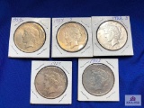 FIVE US PEACE SILVER DOLLAR COINS