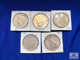 FIVE US PEACE SILVER DOLLAR COINS