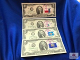 FOUR US $2 BILLS WITH FOREIGN COUNTRY STAMPS AND US POST MARKS AFFIXED