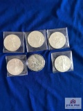 SIX US SILVER EAGLE COINS UNGRADED, VARIOUS YEARS