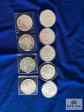 NINE US SILVER EAGLE COINS UNGRADED, VARIOUS YEARS