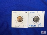 TWO US ROOSEVELT DIMES: 2015 DOUBLE DIE, 2000 OFF CENTER ERROR