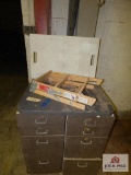 Cabinet, ladder, rolling cart and contents