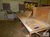 Shop table and wall cabinetry including contents: paint rollers, tape, chalk, etc.