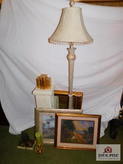 Floor lamp, gold framed mirror and prints plaster fancy column and candles