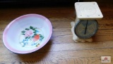 Porcelain wash bowl and vintage baby scale