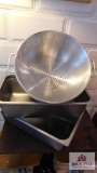 Extra large strainer , 2 stainless banquet pans