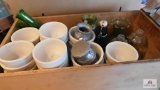 Wood box soups, green vases, salt and pepper