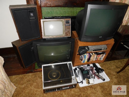 Zenith turn table w/ speakers TVs w/ stand, VCR and VHS Tapes