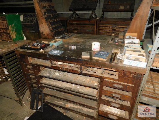 Hamilton printing table w/ wood blocks and type blocks