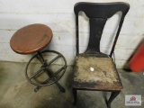 Metal adjustable wood crates stool and antique chair
