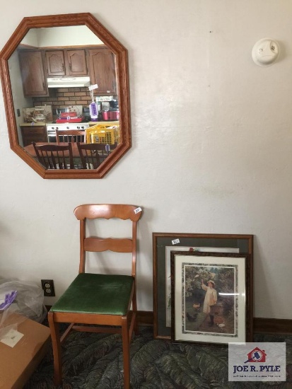 Lot: Mirror on wall, two 2 pictures, chair
