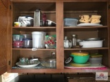Contents of six 6 upper cabinets: sets of dishes, cups, glasses, serving items, etc.