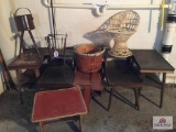 Lot: end tables, baskets, etc. (some need repair)