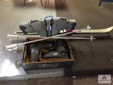 Lot: skis, poles, boots, and bindings