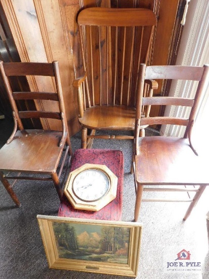 Chairs, foot stool , clock and framed print