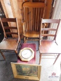 Chairs, foot stool , clock and framed print