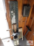 Vintage grinder, wash board, popcorn maker, shoe last