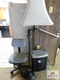 Fellowes paper shredder, floor lamp, and desk chair
