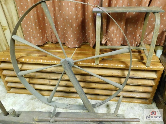 Walking wheel parts, saddle bench, vintage hoe