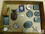 Collection of belt buckles, watches