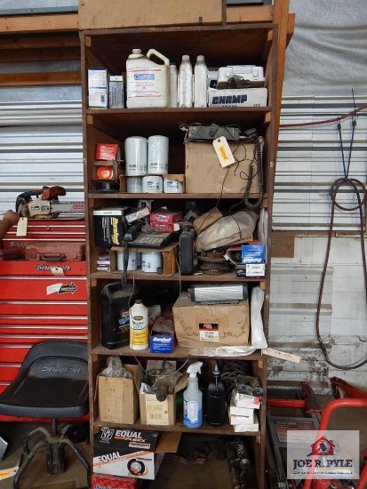 shelf and contents oil, oil filters, parts, etc.