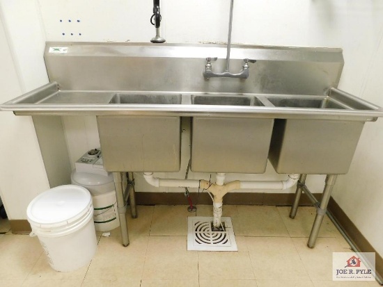 Triple Bowl Stainless Steel Rinse Station with Sprayer and Auto Dose Disinfecting Station 66x37x19