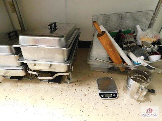Group of Shaffer pans and kitchen utensils, digital scales, sifter, rolling pins, large cooling rack