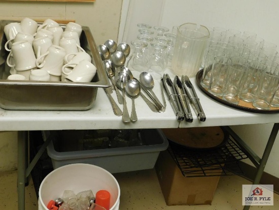 Assorted glassware glasses, goblets, coffee mugs, serving utensils, salt and pepper shakers