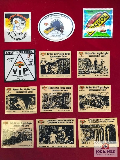 Approximately 35 vintage mine related stickers