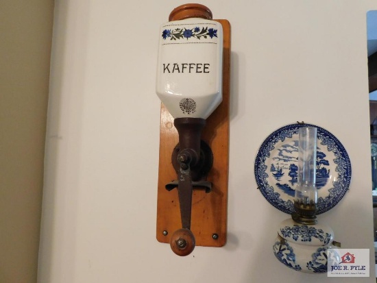 Delft coffee grinder & transfer ware lantern
