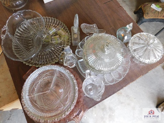 Collection of assorted glassware candy dishes, perfume bottles, sectioned dishes