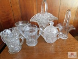 Bridal baskets, pressed glass spoon holders, covered sugar