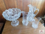 Pressed glass compote, 3 applied handle pitcher