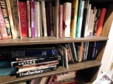 3 shelves cook books, informational books