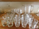 Wheel cut glasses and applied handled pitcher