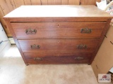 Oak antique 3 drawer chest, inlay decoration, pressed tin bail handles