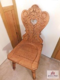 Antique oak fancy covered back chair w/ spool legs