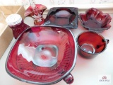 Collection of red glass, small painted basket