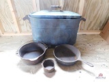 Copper pot, Griswold #8 Dutch oven, Wagner Cast Iron Skillet and #0 Dutch Oven
