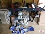 Collection of Homer Laughlin dish wear, set of tobacco tins, brass wall sconces, punch bowl w/ cups