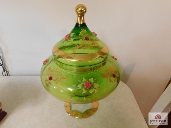 Hand Blown Compote with Applied Decoration and Gold