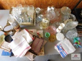 Collection of Glassware- Candle Holders, Candy Dishes, Salt and Pepper, Linens, Matchbooks, Thermos