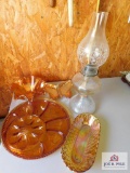 Oil Lamp, Egg Plate, Carnival Glass